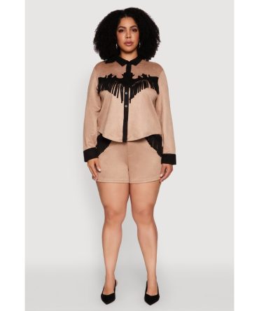 Plus Size Faux Suede High Waisted Fringe Hem Shorts
