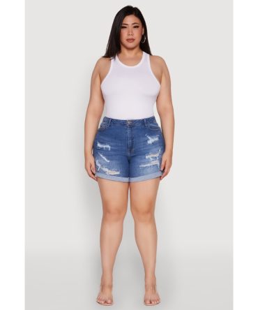 Plus Size WAX High Waist Distressed Denim Mom Shorts