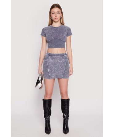 Ribbed Knit Acid Wash Mini Skirt