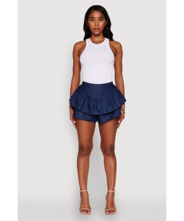 Stylish Chambray Tiered High Waisted Ruffle Shorts