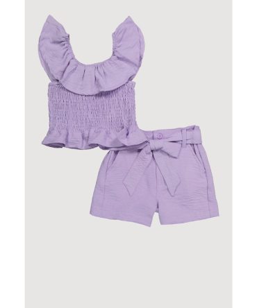 Toddler Girls Chic Crepe Knit Smocked Top and Tie Waist Belted Shorts