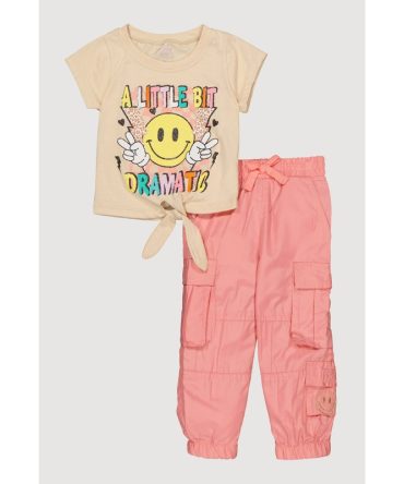 Toddler Girls Smiley Glitter Graphic Tie Front Top and Joggers