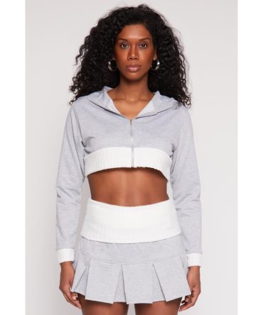 Two Toned Trim Cropped Hooded Sweatshirt