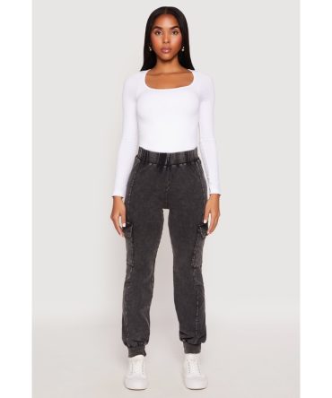 Acid Wash High Waisted Pintuck Cargo Joggers
