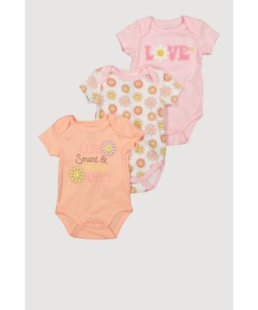 Baby Girls 0-9M Chenille Smiley Flower Bodysuits 3 Pack
