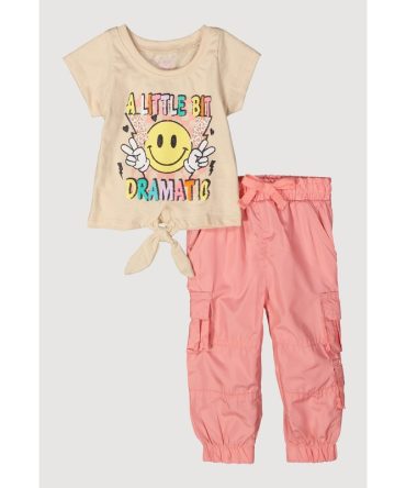 Baby Girls 12-24M Smiley Glitter Graphic Tie Front Top and Joggers
