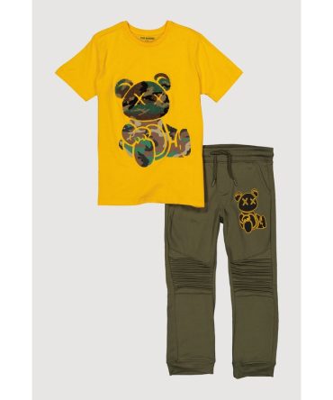 Boys Chenille Camo Bear Graphic Tee and Moto Joggers