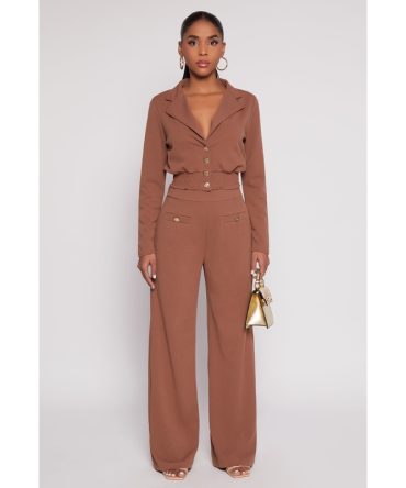 Button Detail Wide Leg Dress Pants