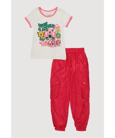 Girls Glitter Love Graphic Top and Nylon Joggers