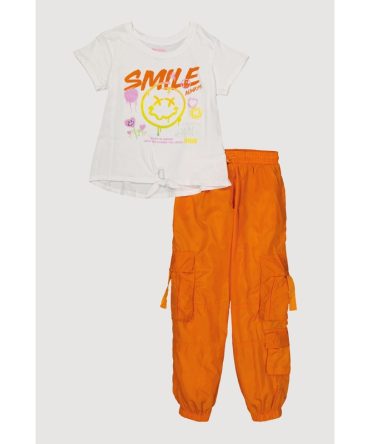 Girls Glitter Smiley Tie Front Top and Cargo Joggers