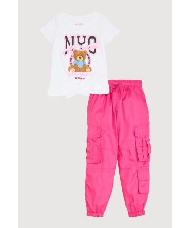Little Girls Glitter NYC Teddy Bear Graphic Top and Joggers