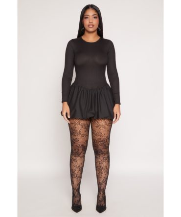 Long Sleeve Rib Knit Bubble Mini Dress