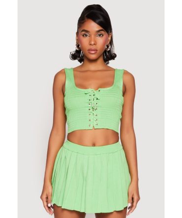 Textured Knit Pointelle Lace Up Crop Top