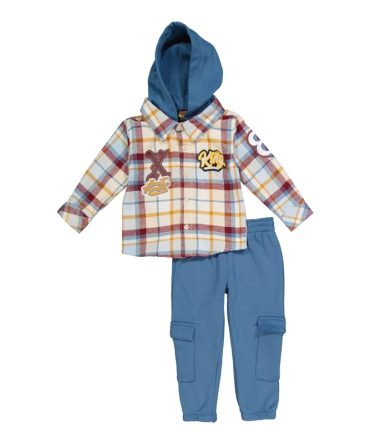 Toddler Boys Plaid Hooded Shirt and Cargo Sweatpants