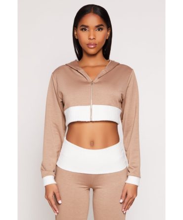 Two Tone Trim Cropped Hooded Sweatshirt