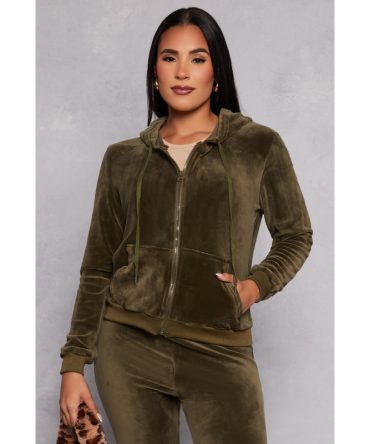 Velour Zip Front Hooded Top