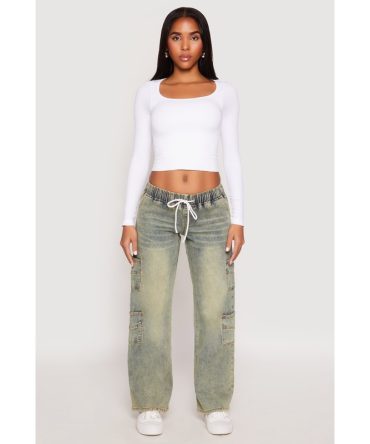 VIP Acid Wash Elastic Waist Cargo Jeans