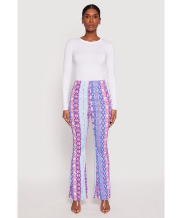 Border Print High Waist Flared Pants