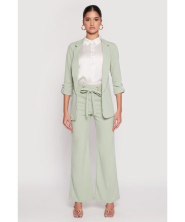 Crepe Knit Belted Front Wide Leg Pants