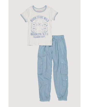 Girls Teddy Bear Glitter Graphic Tee and Joggers