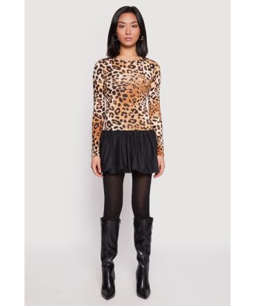 Leopard Print Long Sleeve Bubble Mini Dress