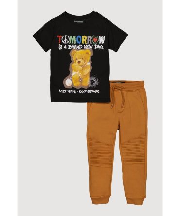 Little Boys Tomorrow Bear Graphic Tee with Moto Joggers