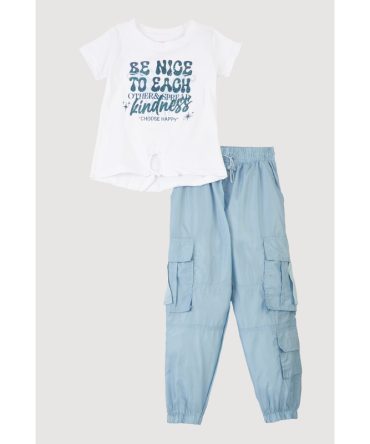 Little Girls Glitter Choose Happy Tie Front Top and Joggers