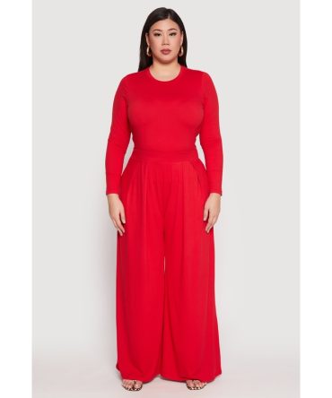 Plus Size Soft Knit Wide Leg Pants