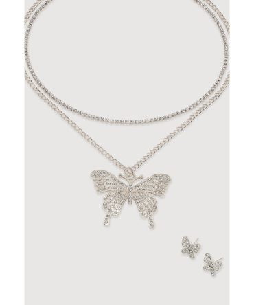 Butterfly Cubic Zirconia Layered Necklace and Earrings Set