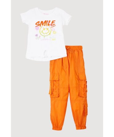 Little Girls Smiley Glitter Graphic Top and Cargo Joggers