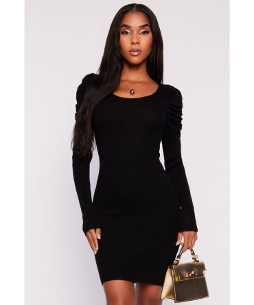 Rib Knit Puff Sleeve Sweater Dress