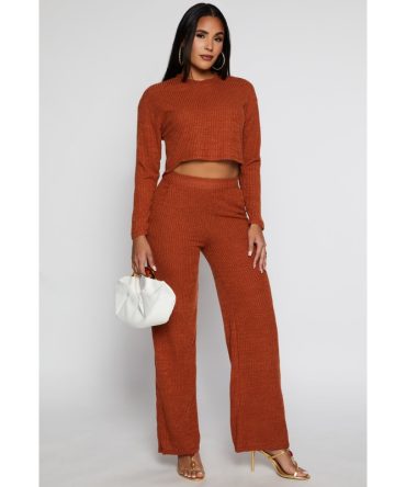 Ribbed Knit High Waisted Wide Leg Pants