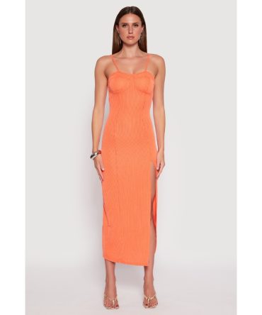 Ribbed Knit Side Slit Bustier Maxi Dress