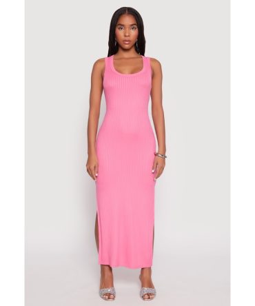 Ribbed Knit Side Slit Tank Dress
