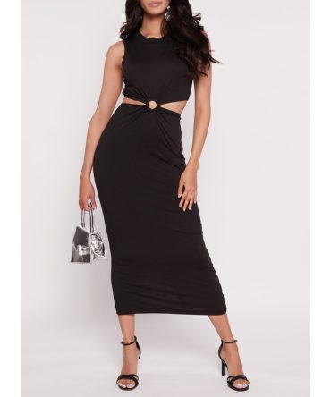 Solid Ribbed O Ring Cut Out Maxi Dress