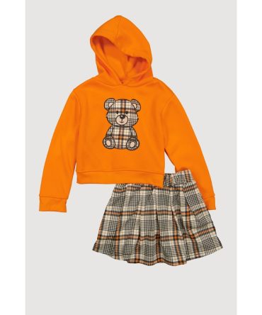 Girls Plaid Bear Hoodie and Pleated Skirt