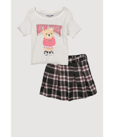 Little Girls New York Bear Top and Plaid Skirt