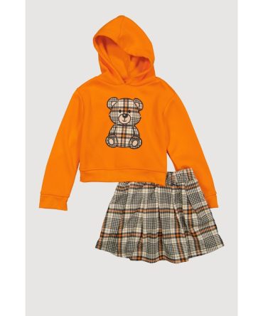 Little Girls Plaid Bear Hoodie and Pleated Skirt