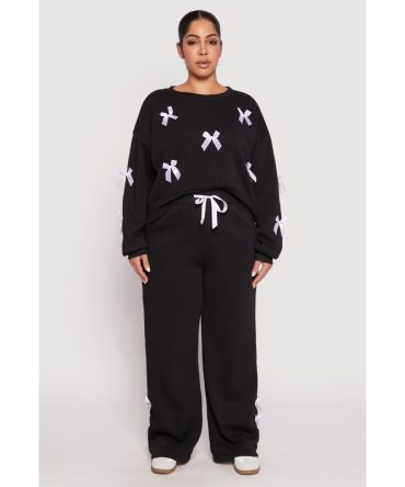 Plus Size Bow Detail Wide Leg Sweatpants