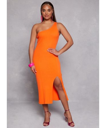 Rib Knit One Shoulder Midi Dress
