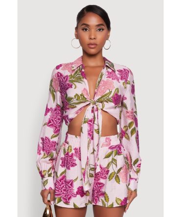 Chic Floral Long Sleeve Tie Front Crop Top