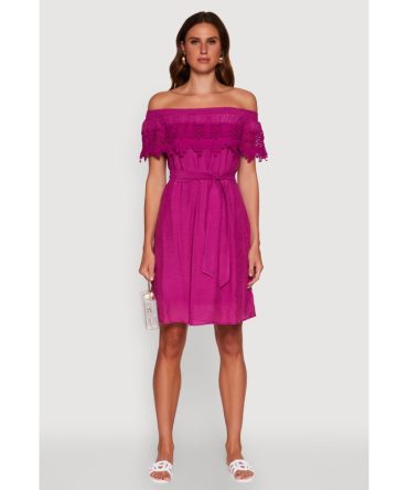 Chic Off the Shoulder Crochet Sundress with Tie Waist Belt