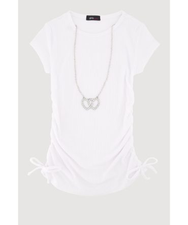 Little Girls Ribbed Knit Tee with Removable Double Heart Necklace