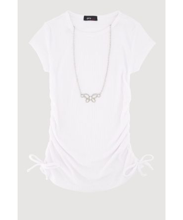 Little Girls Ribbed Knit Tee with Rhinestone Butterfly Necklace