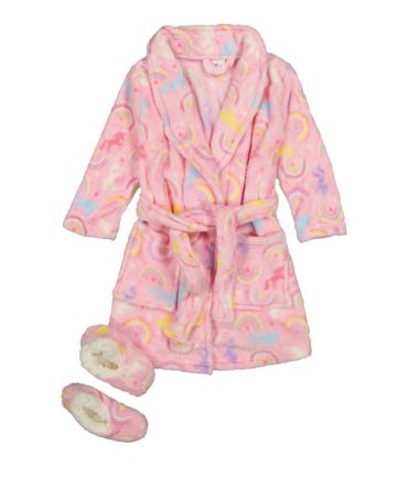 Toddler Girls Rainbow Print Bath Robe with Sherpa Slippers
