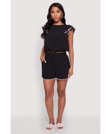 Trendy Crepe Knit High Waisted Shorts with Scalloped Contrast Trim