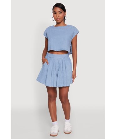 Trendy Denim High Waisted Mini Pleated Skirt