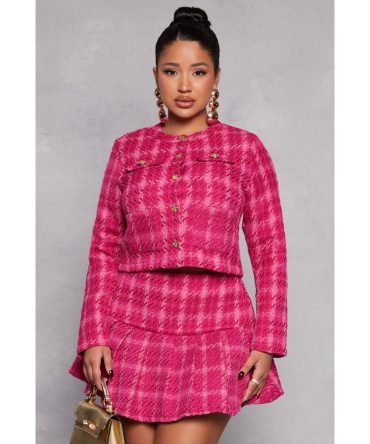 Tweed Windowpane Plaid Button Front Blazer