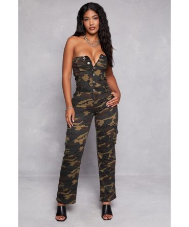 VIP Camo Button Front Strapless Cargo Jumpsuit