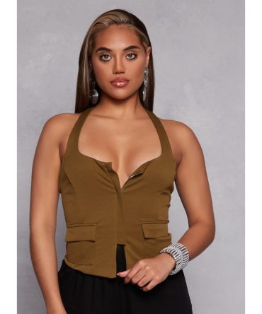 Zip Front Cargo Pocket Halter Top